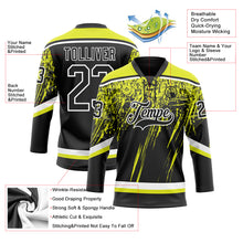 Load image into Gallery viewer, Custom Black Neon Yellow-White 3D Splash Hockey Lace Neck Jersey
