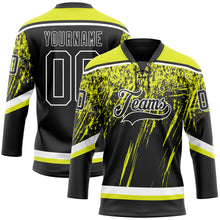 Load image into Gallery viewer, Custom Black Neon Yellow-White 3D Splash Hockey Lace Neck Jersey
