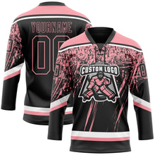 Laden Sie das Bild in den Galerie-Viewer, Custom Black Medium Pink-White 3D Splash Hockey Lace Neck Jersey

