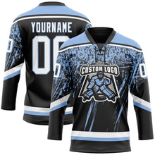 Laden Sie das Bild in den Galerie-Viewer, Custom Black White-Light Blue 3D Splash Hockey Lace Neck Jersey
