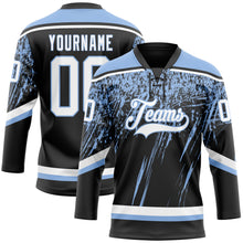 Laden Sie das Bild in den Galerie-Viewer, Custom Black White-Light Blue 3D Splash Hockey Lace Neck Jersey
