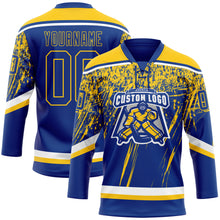 Laden Sie das Bild in den Galerie-Viewer, Custom Royal Yellow-White 3D Splash Hockey Lace Neck Jersey
