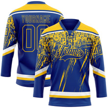 Laden Sie das Bild in den Galerie-Viewer, Custom Royal Yellow-White 3D Splash Hockey Lace Neck Jersey
