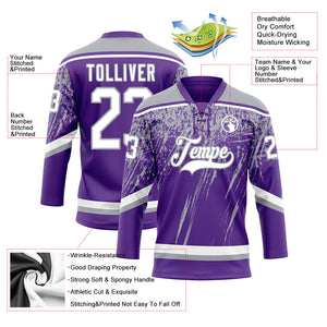 Custom Purple White-Gray 3D Splash Hockey Lace Neck Jersey