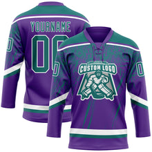 Laden Sie das Bild in den Galerie-Viewer, Custom Purple Teal-White 3D Splash Hockey Lace Neck Jersey
