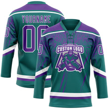 Laden Sie das Bild in den Galerie-Viewer, Custom Teal Purple-White 3D Splash Hockey Lace Neck Jersey
