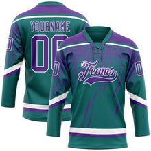 Laden Sie das Bild in den Galerie-Viewer, Custom Teal Purple-White 3D Splash Hockey Lace Neck Jersey
