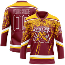 Загрузить изображение в средство просмотра галереи, Custom Crimson Yellow-White 3D Splash Hockey Lace Neck Jersey

