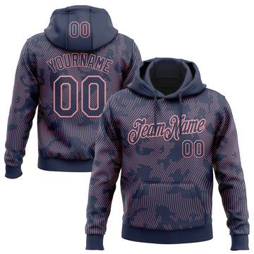 Custom Stitched Navy Medium Pink 3D Pattern Design Curve Lines Sports Pullover Sweatshirt Hoodie