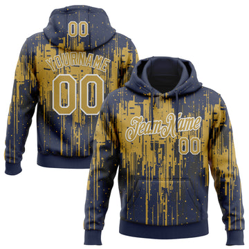 Custom Stitched Navy Old Gold-White 3D Pattern Design Dripping Splatter Sports Pullover Sweatshirt Hoodie