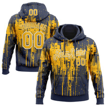 Загрузить изображение в средство просмотра галереи, Custom Stitched Navy Gold-White 3D Pattern Design Dripping Splatter Sports Pullover Sweatshirt Hoodie
