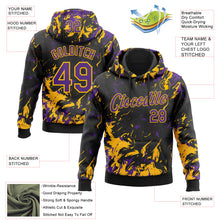 Load image into Gallery viewer, Custom Stitched Black Purple-Gold 3D Pattern Design Splash Sports Pullover Sweatshirt Hoodie

