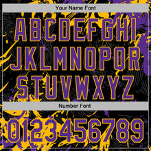 Load image into Gallery viewer, Custom Stitched Black Purple-Gold 3D Pattern Design Splash Sports Pullover Sweatshirt Hoodie
