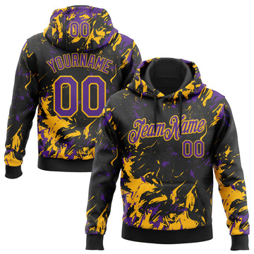 Custom Stitched Black Purple-Gold 3D Pattern Design Splash Sports Pullover Sweatshirt Hoodie