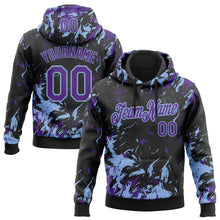 Load image into Gallery viewer, Custom Stitched Black Purple-Light Blue 3D Pattern Design Splash Sports Pullover Sweatshirt Hoodie
