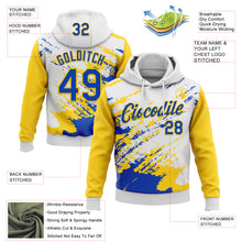 Load image into Gallery viewer, Custom Stitched White Thunder Blue-Yellow 3D Pattern Design Abstract Fragment Art Splash Sports Pullover Sweatshirt Hoodie
