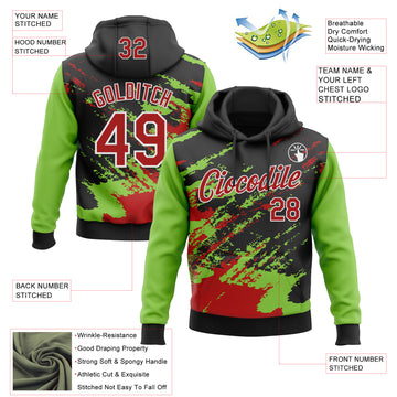 Custom Stitched Black Red Neon Green-White 3D Pattern Design Abstract Fragment Art Splash Sports Pullover Sweatshirt Hoodie