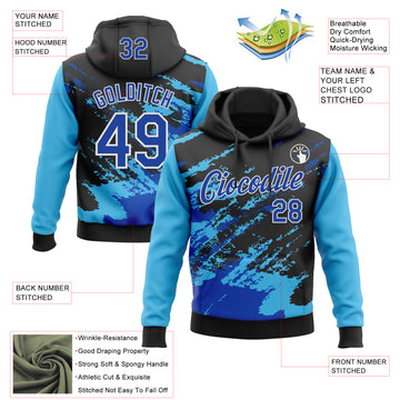 Custom Stitched Black Thunder Blue Sky Blue-White 3D Pattern Design Abstract Fragment Art Splash Sports Pullover Sweatshirt Hoodie
