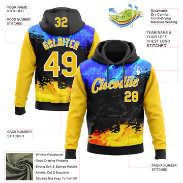 Custom Stitched Black Yellow Blue-White 3D Pattern Design Splash Sports Pullover Sweatshirt Hoodie