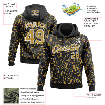 Custom Stitched Black Old Gold-White 3D Pattern Design Line Sports Pullover Sweatshirt Hoodie