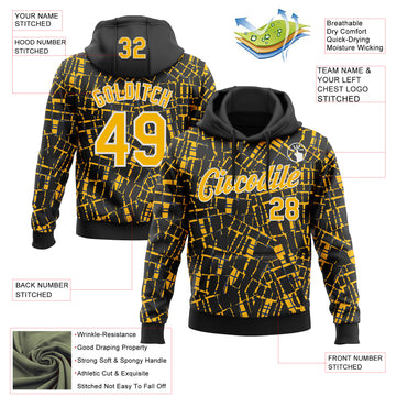 Custom Stitched Black Gold-White 3D Pattern Design Line Sports Pullover Sweatshirt Hoodie