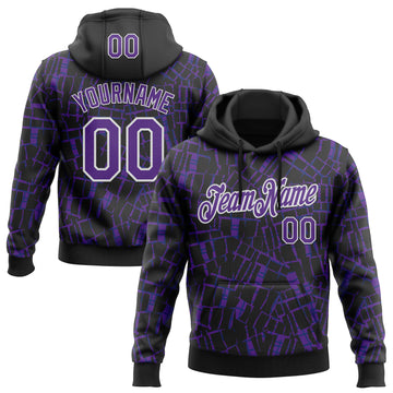 Custom Stitched Black Purple-White 3D Pattern Design Line Sports Pullover Sweatshirt Hoodie