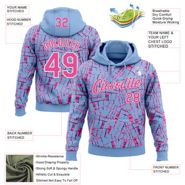 Custom Stitched Light Blue Pink-White 3D Pattern Design Line Sports Pullover Sweatshirt Hoodie