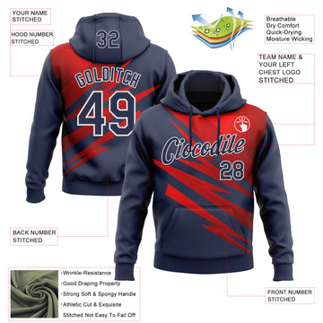 Custom Stitched Navy Red-White 3D Pattern Design Line Sports Pullover Sweatshirt Hoodie