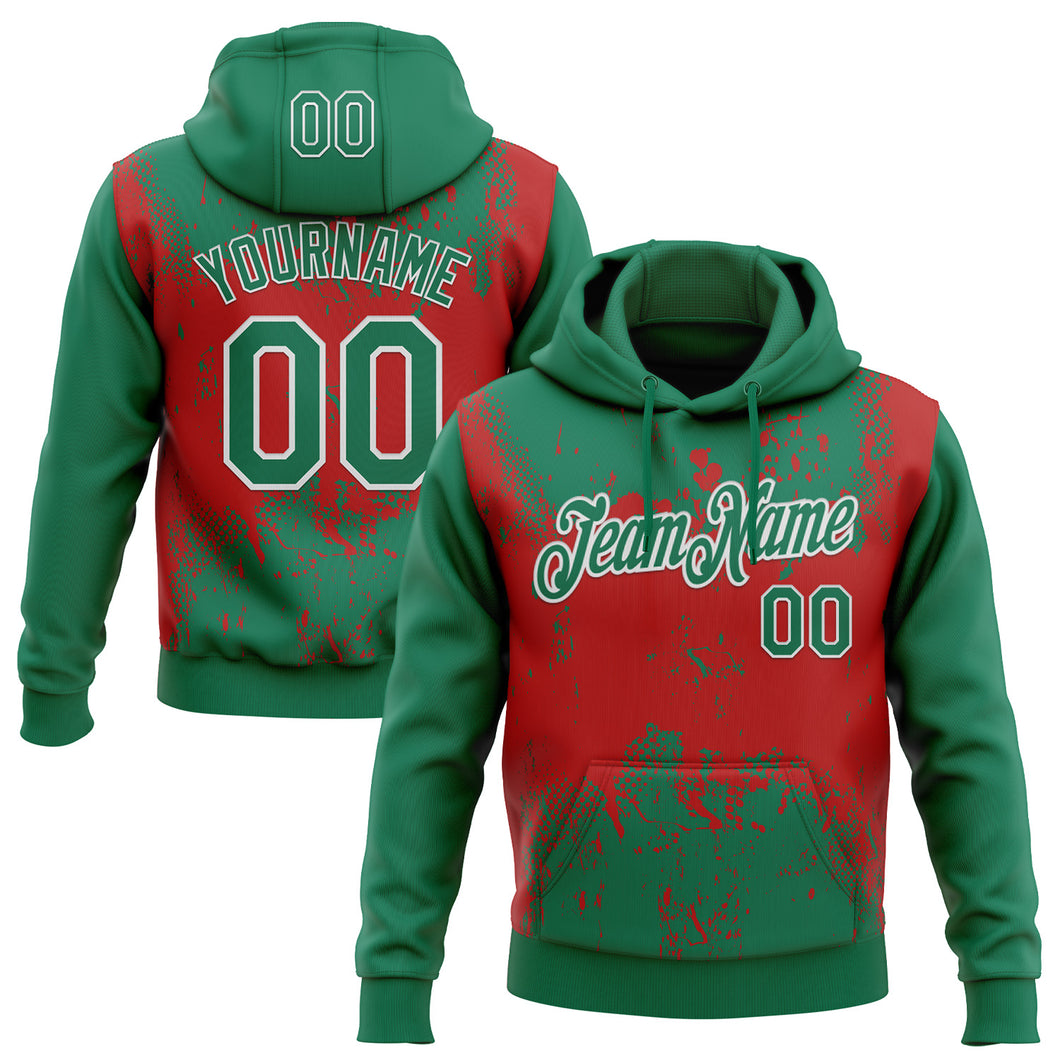Custom Stitched Kelly Green Red-White 3D Pattern Design Abstract Splatter Grunge Art Sports Pullover Sweatshirt Hoodie
