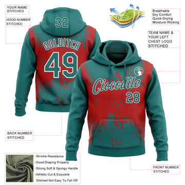 Custom Stitched Teal Red-White 3D Pattern Design Abstract Splatter Grunge Art Sports Pullover Sweatshirt Hoodie
