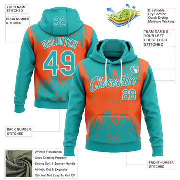 Custom Stitched Aqua Orange-White 3D Pattern Design Abstract Splatter Grunge Art Sports Pullover Sweatshirt Hoodie