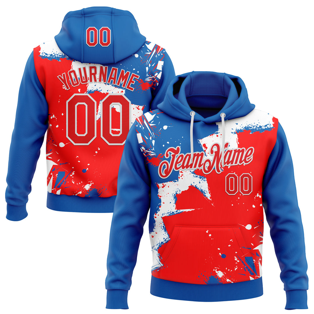 Custom Stitched Royal Fire Red-White 3D Pattern Design Splash Torn Paper Style Sports Pullover Sweatshirt Hoodie
