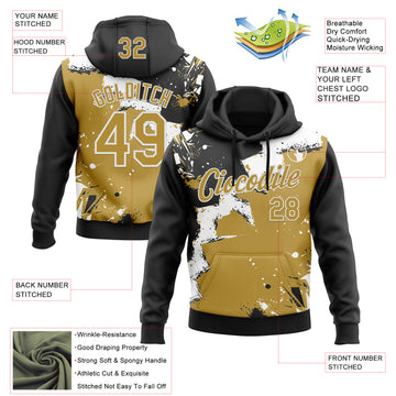 Custom Stitched Black Old Gold-White 3D Pattern Design Splash Torn Paper Style Sports Pullover Sweatshirt Hoodie