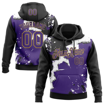 Custom Stitched Black Purple Old Gold-White 3D Pattern Design Splash Torn Paper Style Sports Pullover Sweatshirt Hoodie