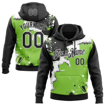 Custom Stitched Black Neon Green-White 3D Pattern Design Splash Torn Paper Style Sports Pullover Sweatshirt Hoodie