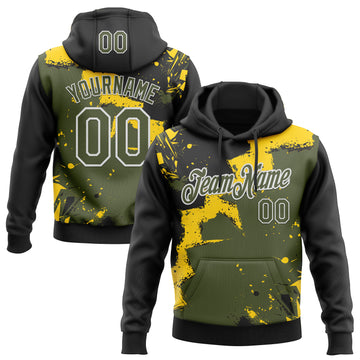 Custom Stitched Black Olive Yellow-White 3D Pattern Design Splash Torn Paper Style Sports Pullover Sweatshirt Hoodie