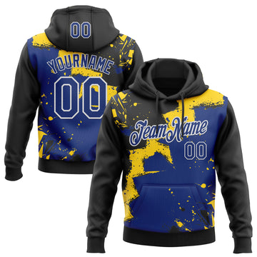 Custom Stitched Black Royal Yellow-White 3D Pattern Design Splash Torn Paper Style Sports Pullover Sweatshirt Hoodie
