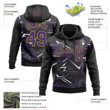 Custom Stitched Black Purple Old Gold-White 3D Pattern Design Line Sports Pullover Sweatshirt Hoodie