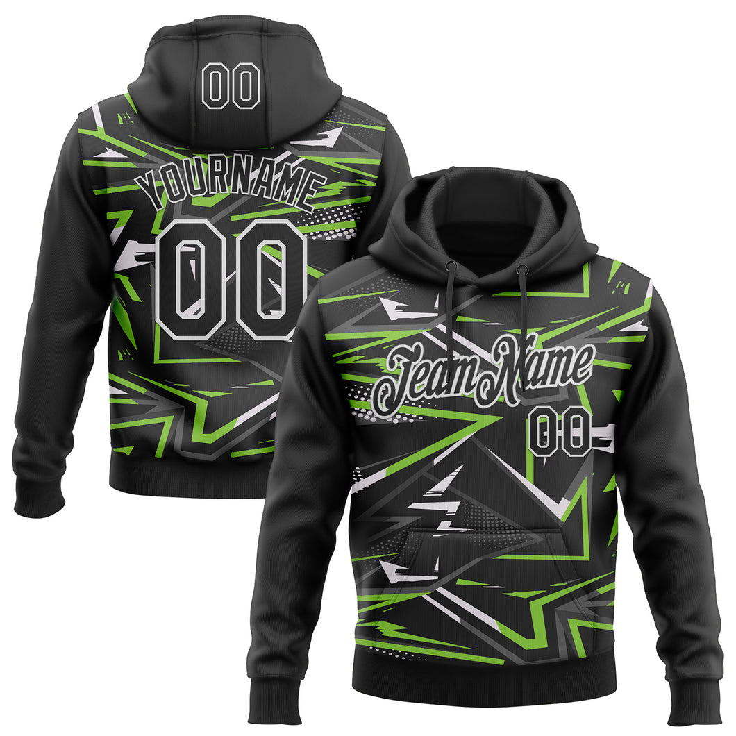 Custom Stitched Black Neon Green-White 3D Pattern Design Line Sports Pullover Sweatshirt Hoodie