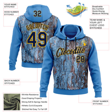 Custom Stitched Blue Navy-Gold 3D Pattern Design Tree Camo Hunting Sports Pullover Sweatshirt Hoodie