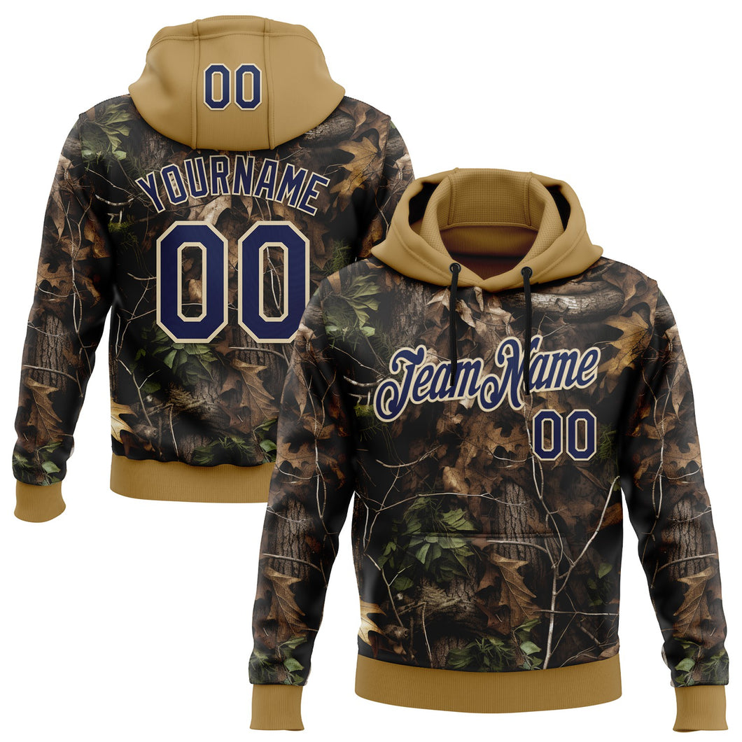 Custom Stitched Black Navy Old Gold-Cream 3D Pattern Design Tree Camo Hunting Sports Pullover Sweatshirt Hoodie