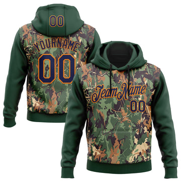 Custom Stitched Green Navy-Bay Orange 3D Pattern Design Tree Camo Hunting Sports Pullover Sweatshirt Hoodie