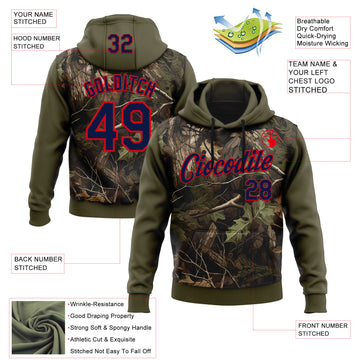 Custom Stitched Olive Navy-Fire Red 3D Pattern Design Tree Camo Hunting Sports Pullover Sweatshirt Salute To Service Hoodie