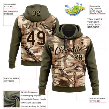Custom Stitched Olive Brown-Cream 3D Pattern Design Tree Camo Hunting Sports Pullover Sweatshirt Salute To Service Hoodie