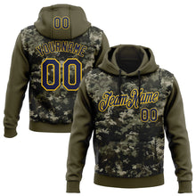 Load image into Gallery viewer, Custom Stitched Olive Navy-Yellow 3D Pattern Design Tree Camo Hunting Sports Pullover Sweatshirt Salute To Service Hoodie

