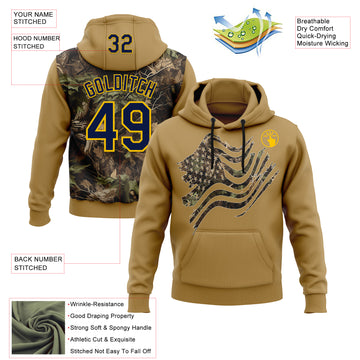 Custom Stitched Old Gold Navy-Yellow 3D Pattern Design Tree Camo American Flag Hunting Sports Pullover Sweatshirt Hoodie