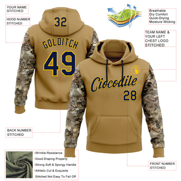 Custom Stitched Old Gold Navy-Yellow 3D Pattern Design Tree Camo Hunting Sports Pullover Sweatshirt Hoodie