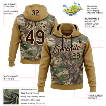 Custom Stitched Old Gold Brown-Cream 3D Pattern Design Tree Camo Hunting Sports Pullover Sweatshirt Hoodie
