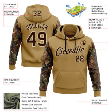 Custom Stitched Old Gold Brown-Cream 3D Pattern Design Tree Camo Hunting Sports Pullover Sweatshirt Hoodie