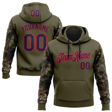 Custom Stitched Olive Navy-Fire Red 3D Pattern Design Tree Camo Hunting Sports Pullover Sweatshirt Salute To Service Hoodie